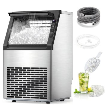 Auseo Commercial Ice Maker 80Lbs/24H,Freestanding/Built-in Ice Machine with 28 lb Storage Bin in Silver,Stainless Steel