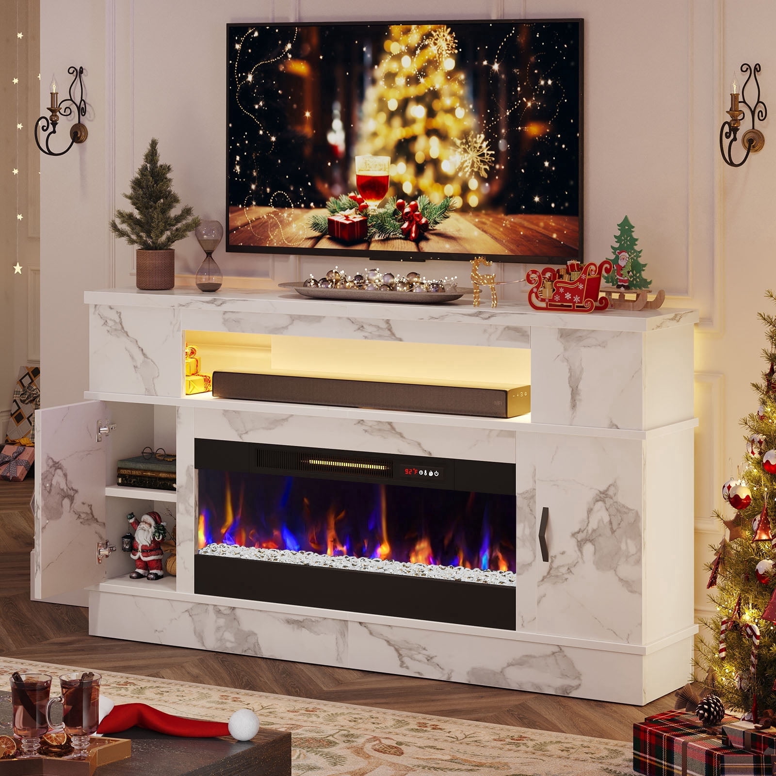 Bestier 63" LED TV Stand with 36" Electric Fireplace and Storage Entertainment Center for TVs up to 70", White