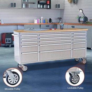 72" Heavy-Duty Rolling Tool Chest Workbench 15 Drawers, Steel, Rubber Wood Top, Key Locking, Drawer Liners, Silver