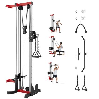 JoanKaren Wall Mount Cable Crossover Machine,Pulley Tower Functional Trainer with 19-Position Dual Pulley Crossover & LAT Pull Down System,Adjustable Footplate,Space Saving Fitness Equipment