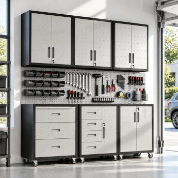 IKIMI 6-Piece Heavy Duty Garage Storage System with Workbench, Lockable Metal Tool Storage Organizer with Modular Garage Cabinets for Workshop Organization