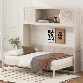 Euroco Full Size Murphy Bed with Cabinet, Storage Wall Bed for Guest Room, Beige