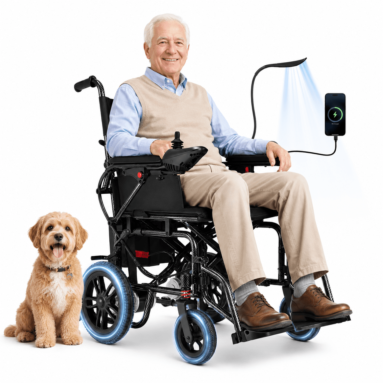 LiltJan Electric Wheelchair for Adults, Lightweight Foldable Motorized Wheelchair with 15-Mile Range, 360° Joystick & All-Terrain Power, Supports 300 lbs, LED Safety Lights, Travel Portable