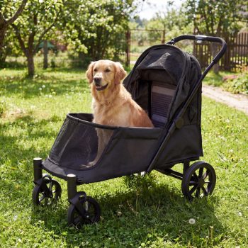 KAMEROUT Pet Stroller, 4-Wheel Foldable Dog Cat Stroller for Medium/Large Pets, Detachable Ramp & 600D Oxford Fabric