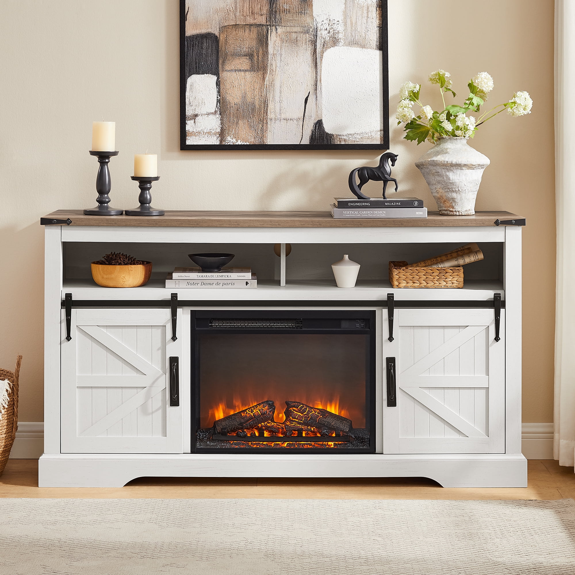 KeyWhat Farmhouse Fireplace TV Stand for TVs up to 70", 24" Electric Fireplace & Barn Door