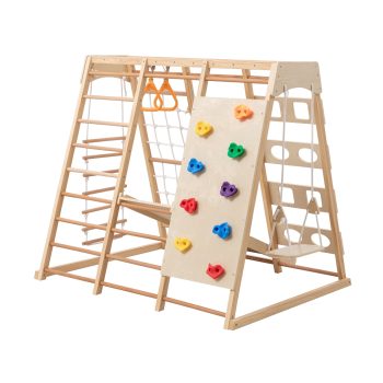Wooden Jungle Gym, Kids Indoor Playground Climbing Frame with Slide, Swing, Monkey Bars, Climbing Net & Rock Wall, Child Wooden Activity Play Set for Kids, Natural Wood