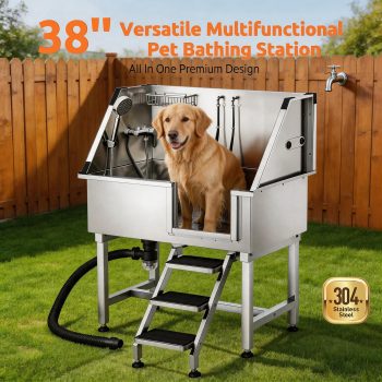 Dog Washing Station 38" Non-Slip Steps Stainless Steel Pet Grooming Tub with Hot/Cold Faucet & Shower Head, Small Dogs and Cats(Right Door)