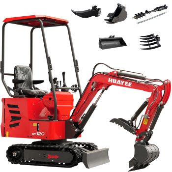 HUAYEE 1.2 Ton Mini Excavator with Ripper, Rake, 31.5in Bucket, 7.87in Bucket & Auger HY12C Small Digger with 13.5 HP EPA Gasoline Engine, Hydraulic Thumb Clamp, In-stock in the US