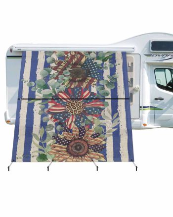 4th of July RV Awning Sun Shade Screen 9'X7' Retro Flower Mesh Sunscreen Eucalyptus Leaf Blue Striped Awning Shade Screen with Zipper UV Blocker Completed Kits Outdoor Canopy for RV Motorhome Camper