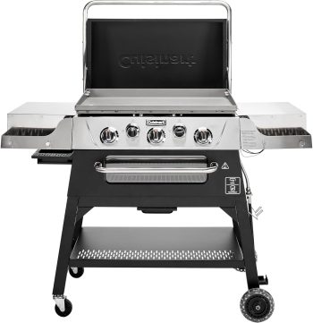 Cuisinart 28 Outdoor Griddler and Broiler Combo, 2-in-1 Carbon Steel Flat-Top Grill and Broiler with Hood, Adjustable Rack, Wheels, Side Tables, Large Cooking Area for BBQs, Outdoor Griddle Station