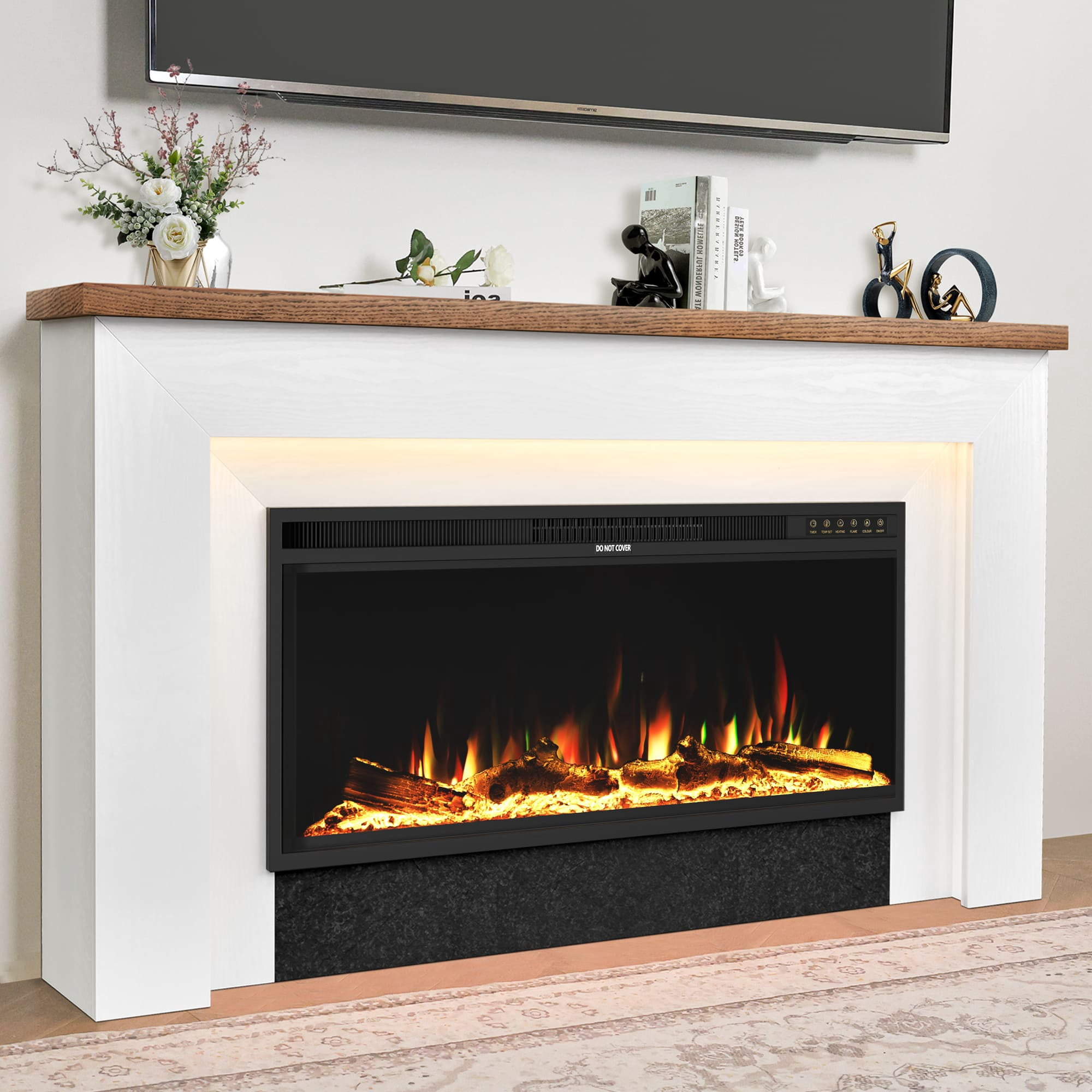 62 in Electric Fireplace with Mantel, 42 in Insert, Smart App & Remote Control, 15 LED Colors, 12 Flame Effects, 5100 BTU Heater, White