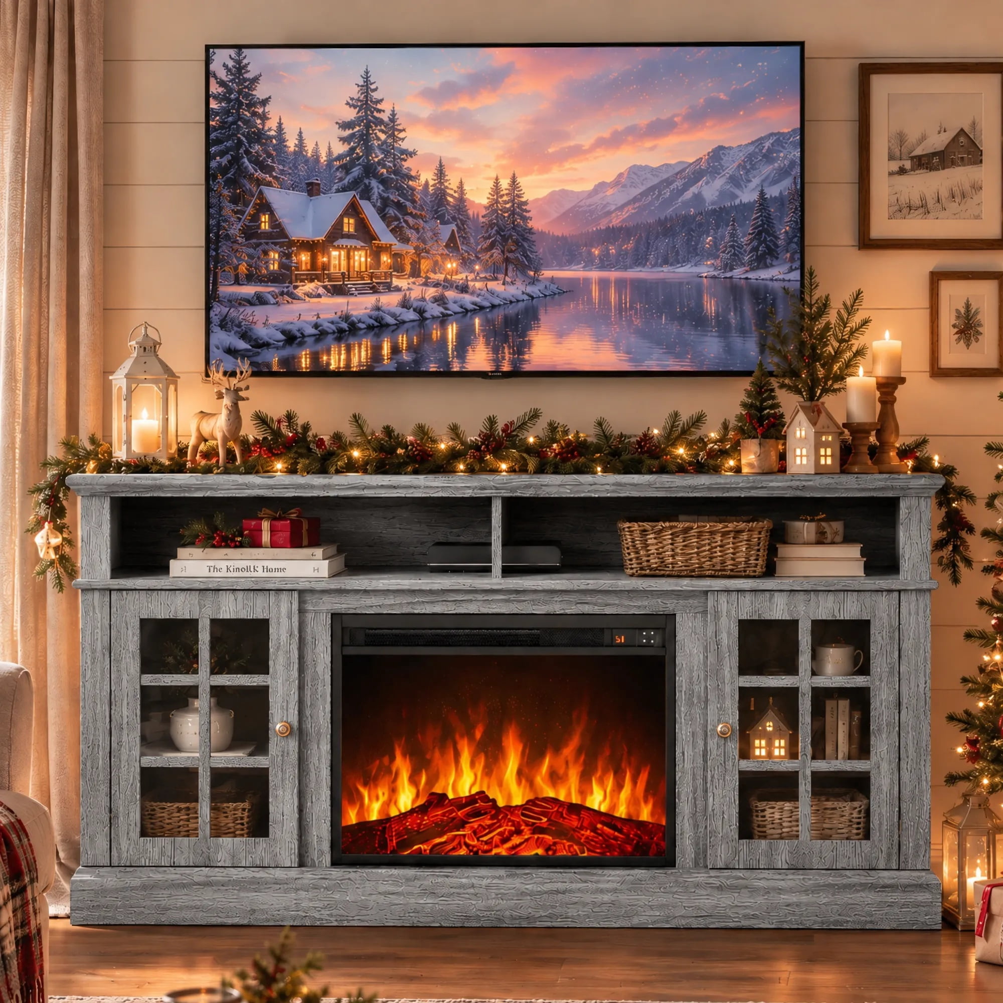 CHITOOMA 1400W Electric Fireplace TV Stand TV Console with 23″ Fireplace for up to 75 inch TVs with Adjustable Shelves