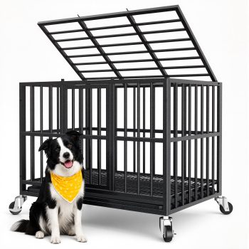 YOKWOK 38 Inch Heavy Duty Dog Crate for Small Dogs, Indestructible Chew & Escape-Proof Dog Cage for High Anxiety Dogs, Double Doors with Locking Wheels & Removable Tray