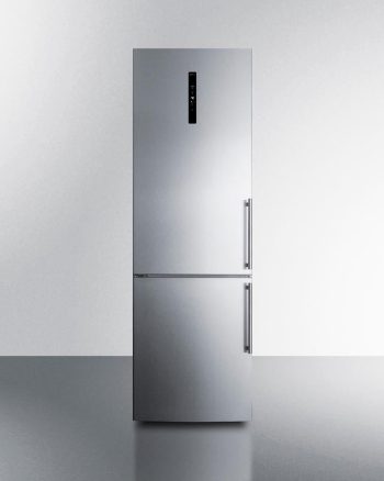 ENERGY STAR certified European counter depth bottom freezer refrigerator with stainless steel doors, platinum cabinet, and digital controls for each section