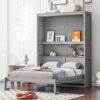 Harper & Bright Designs Size Murphy Bed with Shelves, Foldable Wall Bedframe w/Flexible Slats Support, Space-Saving Design, Can Be Folded Into Cabinet