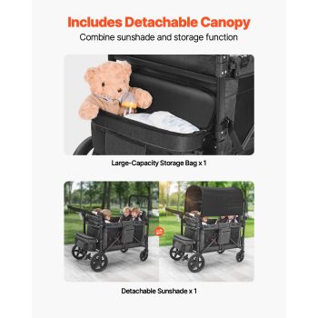 KFFKFF Four-Child Buggy, Adjustable Handle Quad Folding Carriage, Safety Straps & Detachable Shade, Quad Seating Buggy for Outdoor Activities, Charcoal Grey & Ebony (330LBS Capacity)