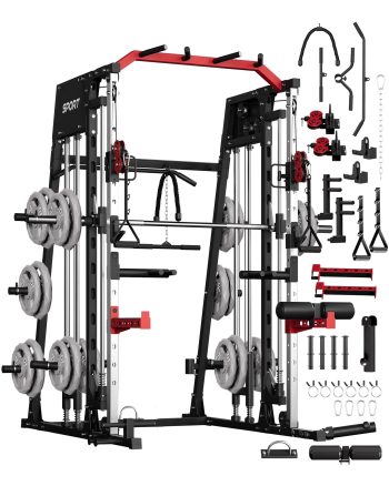 Smith Machine Home Gym - 2200 LBS Power Cage Squat Rack with Smith Bar, Cable Crossover, LAT Pull-Down & Leg Hold-Down - Multi-Functional Strength Training Equipment for Home
