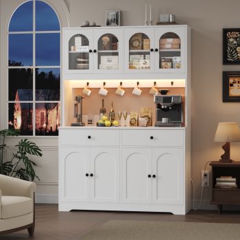 Homfa 71" Kitchen Pantry with LED Lights and Charging Station, Freestanding Kitchen Cupboard with Storage and Microwave Stand, Floor Cabinet for Dining Living Room