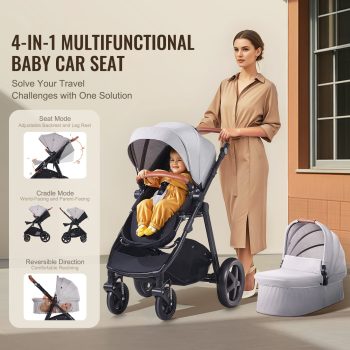 KFFKFF Journey Ensemble: 2-in-1 Infant Bassinet & Stroller, Reversible Seating, Simple One-Click Fold, Durable EVA Wheels with Safe Braking System, Aluminum Frame - Baby Travel Set in Light Gray