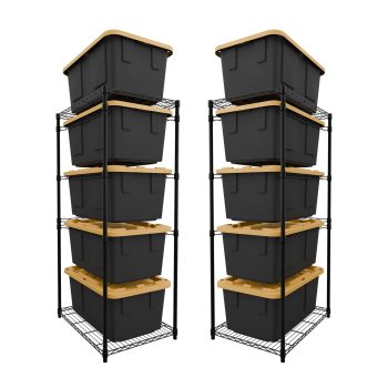 5 Tier Steel Storage Tote Rack, Heavy Duty Utility Bin Organizer Stand For Garage Pantry Basement Warehouse, Freestanding Space Saving Container Holder, Modern Style, Black, 2 Pack