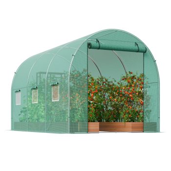 KFFKFF Walk-in Tunnel Greenhouse, 12x7x7 ft, Featuring a Durable Galvanized Steel Frame and Green PE Covering, Equipped with a Roll-up Zipper Door and 6 Ventilation Windows