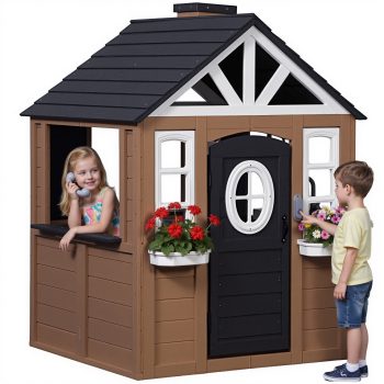 Funride Outdoor Playhouse for Kids, Wooden Playhouse with Doorbell, Phone, and Kitchen Toys, Ages 3 to 8, Wooden