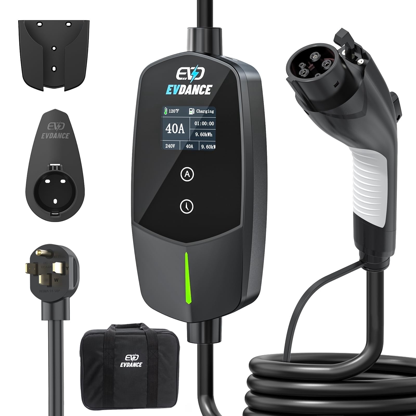 EVDANCE Level 2 EV Charger 40Amp, 240V 9.6KW Portable Electric Vehicle Charging Stations with NEMA 14-50P, 25FT Cable Adjustable Current/Timing Delay Home Electric Car Charger for J1772 BEVs/PHEVs