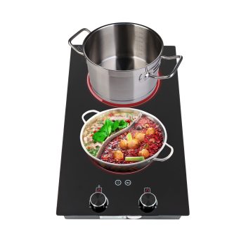 Double Induction Cooktop, 110V 1200W+900W Electric Stove Top, with Knob Control, 9 Power Levels, Kids Lock&Timer, Hot Surface Indicator, Overheat Protection, Built-in Radiant Double Induction Cooktop