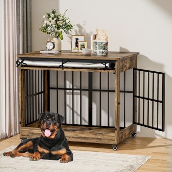 YIKEMA Furniture Extra Large Wooden Indoor Dog Crate with Wheels, Rustic