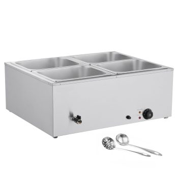 Commercial Food Warmer 1500W Stainless Steel Steam with Lid 4 Pan Fast Heating Countertop Buffet Bain Marie Ladles