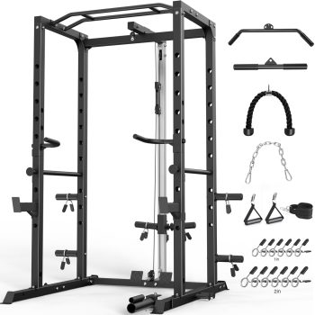 ULTRA FUEGO Power Cage, Multi-Functional Power Rack with J-Hooks, Dip Handles, Landmine Attachment and Optional Cable Pulley System for Home Gym,BLK
