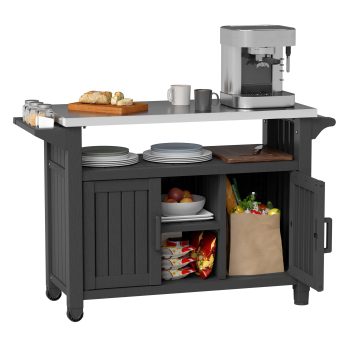 Bifanuo 54" Portable Outdoor Table with Smooth Wheels, Outdoor Kitchen Island with Stainless Steel Top, Weatherproof Grill Cart with Large Storage Cabinet for Kitchen Prep