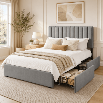 COFUNOK Platform Bed Frame with 4 Storage Drawers, Velvet Upholstered Adjustable Headboard, No Box Spring Needed, Easy Assembly