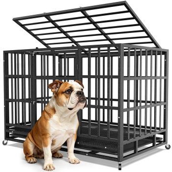 TIME RAY Heavy Duty Indestructible Dog Crate Steel Escape Proof Dog Cage Kennel for Medium Large Dogs Indoor Double Door High Anxiety Dog Crate with Wheels, Lock& Removable Tray
