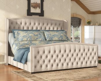 Merluxy 51" H Size Adjustable Bed Frame with Dual Motor/Nailhead Trim Wingback, Cream