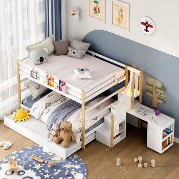 Advwin Twin Over Twin Bunk Bed with Trundle, Storage Stairs & Foldable Desk, Solid Wood Triple Bunk Bed with Guardrail, Bedside Storage Shelf & LED Light for Bedroom, Space-Saving Wooden Bed Frame