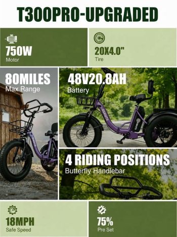 ESKUTE Adult Electric Tricycle with Reverse, E Trike, 998.4Wh Battery, 20" x 4.0" Fat Tires, Foldable 3-Wheel Electric Bike