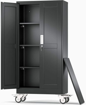 Metal Garage Storage Cabinets and storage system, 61Tall Rolling utility cabinet with Wheels, Lock, 3 Adjustable Shelves, Heavy Duty Steel Tool Locker for Home Office, Utility Room, Gym,Black