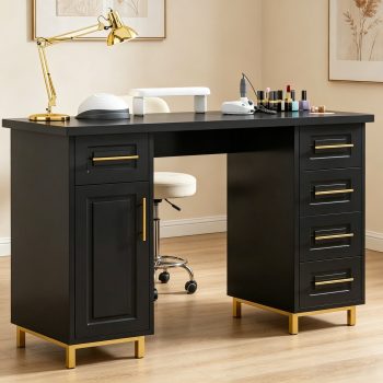 DreamCurship Manicure Table Nail Desk for Nail Tech, Nail Table with 5 Drawers and Cabinet, Beauty Salon Spa