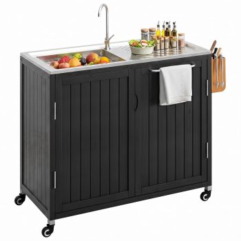 40-Inch Outdoor Kitchen Sink Cabinet with Faucet, 304 Stainless Steel Sink & Countertop, Solid Wood BBQ Prep Station with Storage and Lockable Wheels