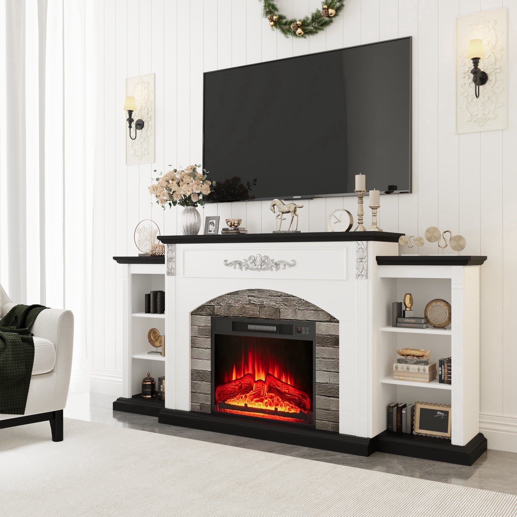 BOSHIRO Electric Fireplace with Mantel, White TV Stand for TVs Up to, Entertainment Center Accent Furniture, Stacked Stone Surround, 23" Fireplace Insert with Remote Control, White