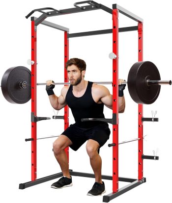 Power Cage, Squat Rack for Home Gym, 1100LB Capacity Power Rack with Pull-Up Bar, Adjustable Safety Bars, Strength Training for Home Gym, Red