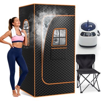 Sunyrisy Portable 1-Person Sauna Tent w/ 9 Heat Settings & 99-Minute Timer, 2 Windows, Powerful 1200W/3L Steamer, Includes Folding Chair, 5-Layer Insulated Waterproof Design
