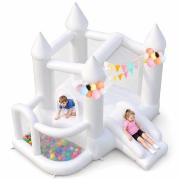 Akaber White Bounce House, 9FT Inflatable Bounce House for Kids, 840D Oxford Cloth Bounce House with Slide, Castle Style Bouncy House with Blower, Easy to Set up, Party & Birthday & Gift