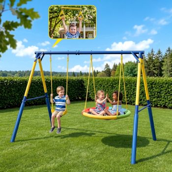 Gardwin Super Saucer Metal Swing Set with 2-Person Saucer Swing,Belt Swing and Bonus Trapeze Rings,Outdoor Backyard Fun for Kids Aged 3-12