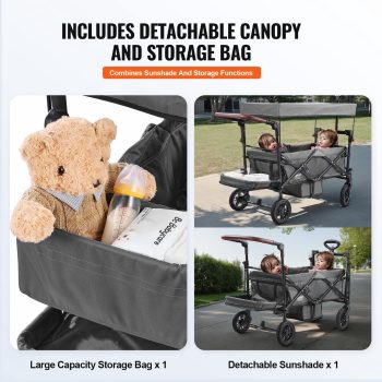 VEVOR Wagon Stroller for 2 Kids,Push Pull Quad Collapsible Stroller with Adjustable Handle, Encircling Harness Removable Canopy, 4 Wheels w/ Brakes, Mutifunction Tandem Stroller for Camping Dark Grey