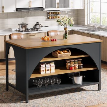 Tribesigns Kitchen Island with 3 Storage Shelves, 55" W Kitchen Shelf with Large Countertop and Seating Area, Modern Wooden Coffee Bar Table, Brown and Black