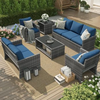 AECOJOY 7 Pieces Outdoor Furniture Set with Two Storage Boxes, Rattan Wicker Sectional Sofa Couch Patio Conversation Set