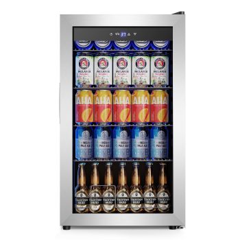 Nipus 17.52 inch Beverage Refrigerator Cooler,130 Cans Capacity Mini Fridge with Glass Door for Soda Wine Beer, with Adjustable Removable Shelves