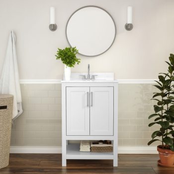 BizChair 24 Inch Bathroom Vanity with Sink Combo, Storage Cabinet with Soft Close Doors and Open Shelf, Carrara Marble Finish Countertop